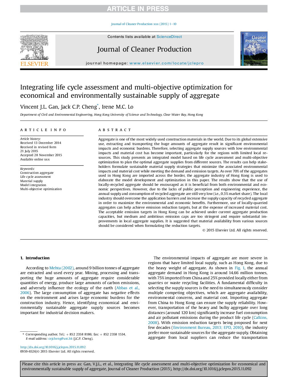 Integrating life cycle assessment and multi-objective optimization for economical and environmentally sustainable supply of aggregate