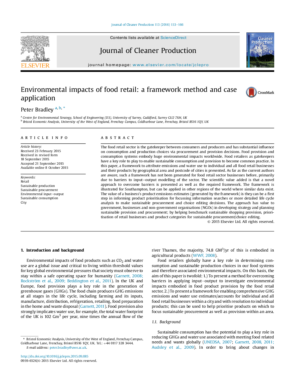 Environmental impacts of food retail: a framework method and case application