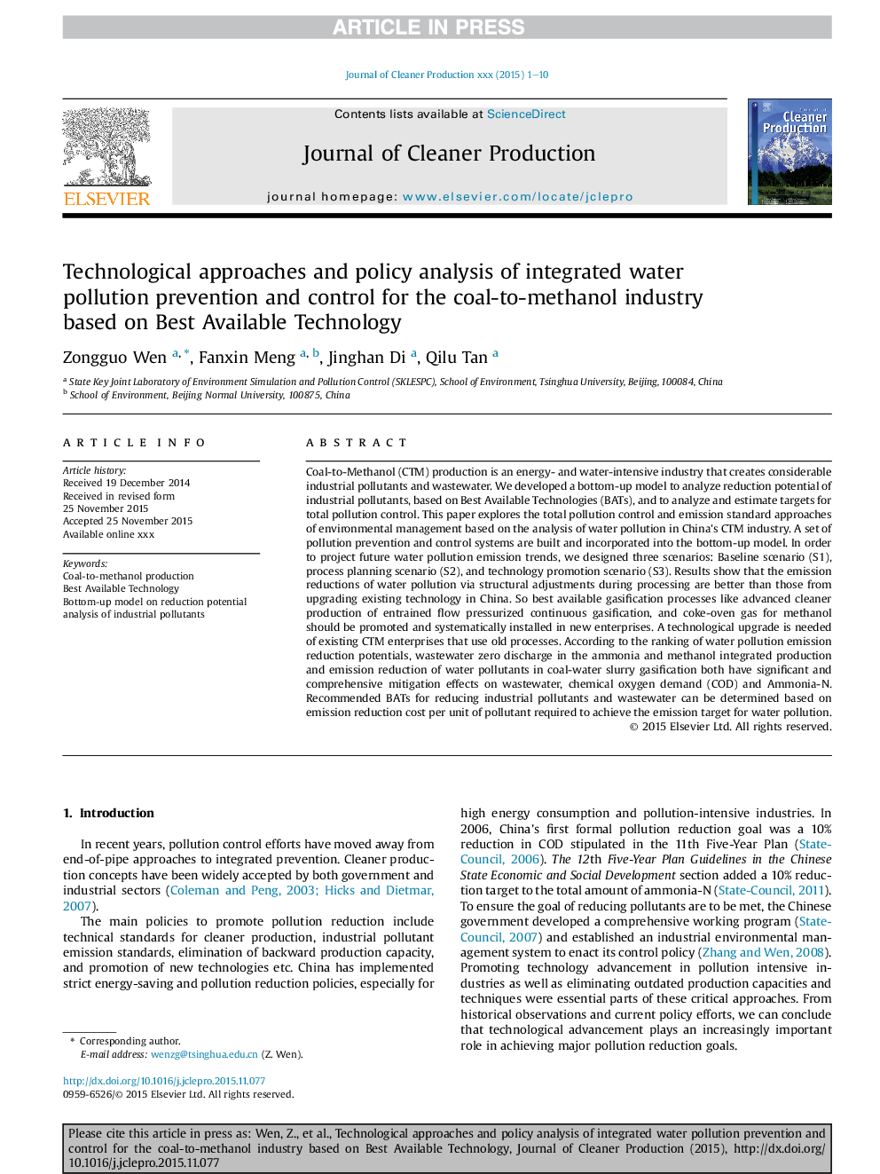 Technological approaches and policy analysis of integrated water pollution prevention and control for the coal-to-methanol industry based on Best Available Technology