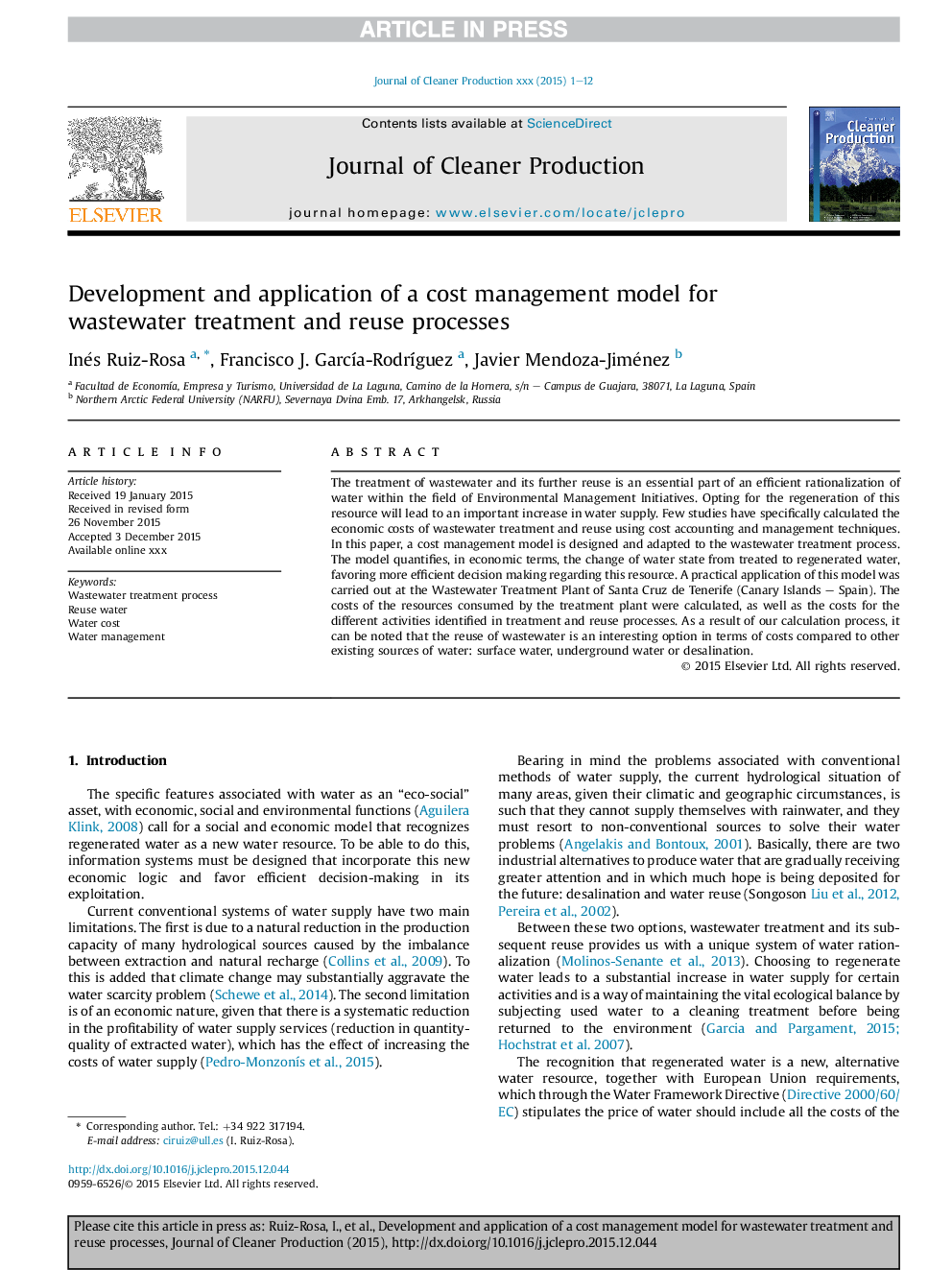 Development and application of a cost management model for wastewater treatment and reuse processes