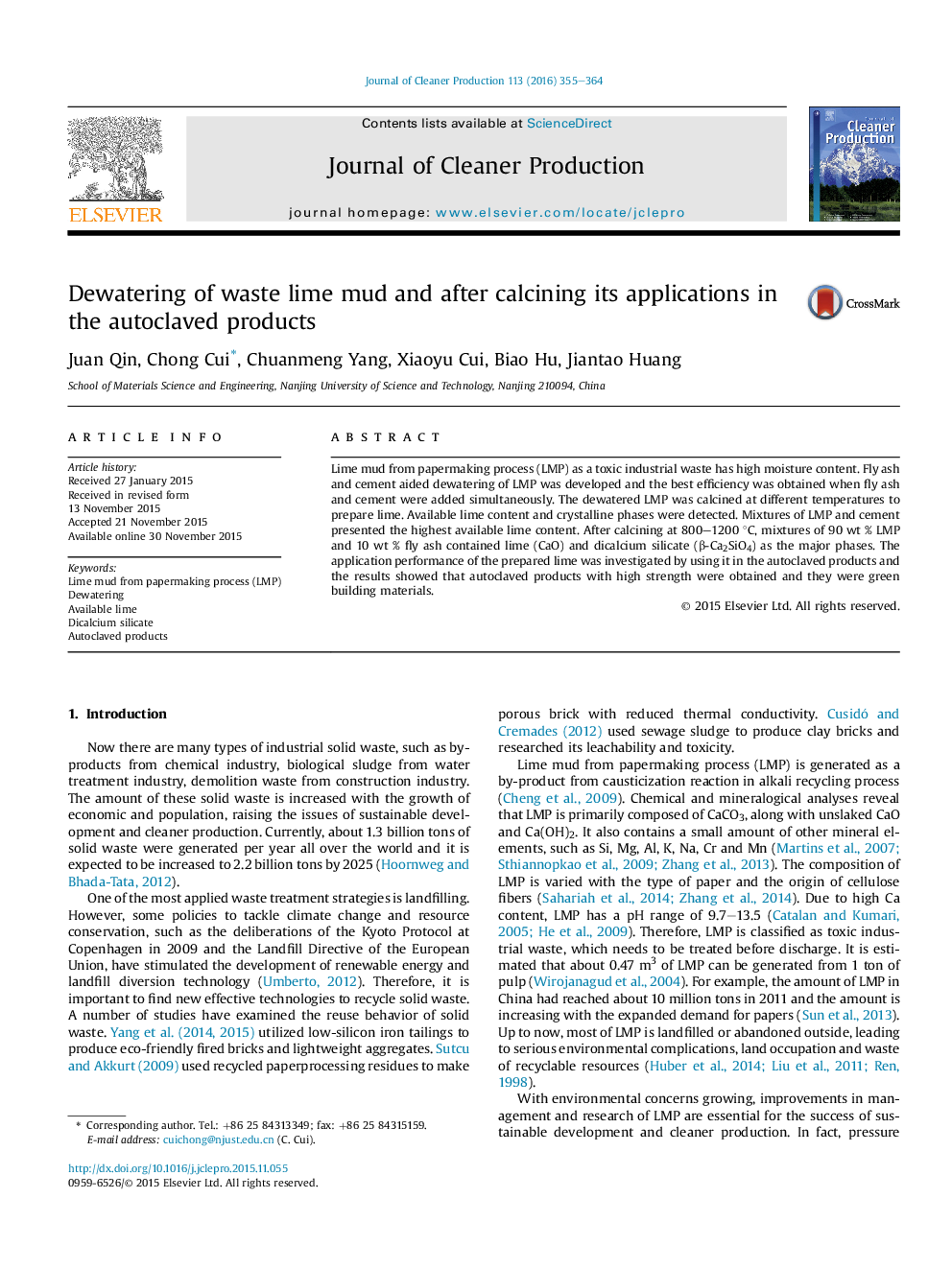 Dewatering of waste lime mud and after calcining its applications in the autoclaved products