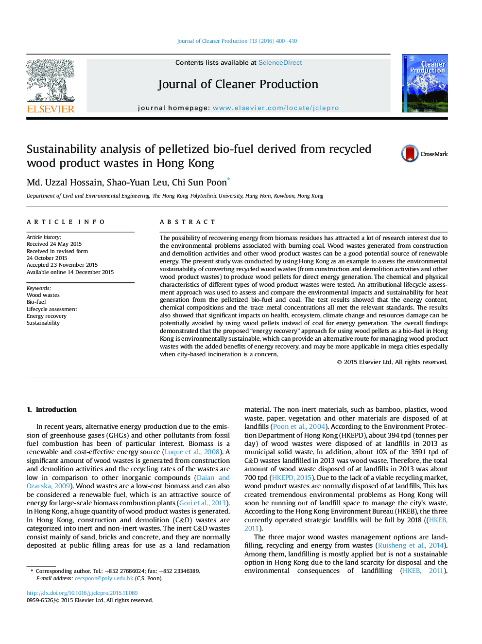 Sustainability analysis of pelletized bio-fuel derived from recycled wood product wastes in Hong Kong