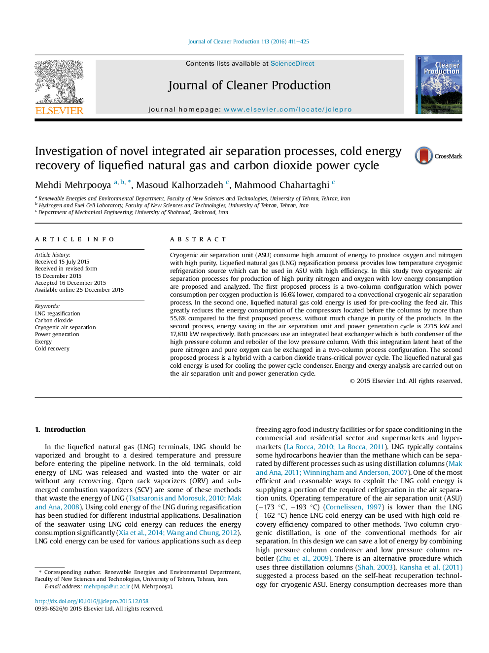 Investigation of novel integrated air separation processes, cold energy recovery of liquefied natural gas and carbonÂ dioxide power cycle