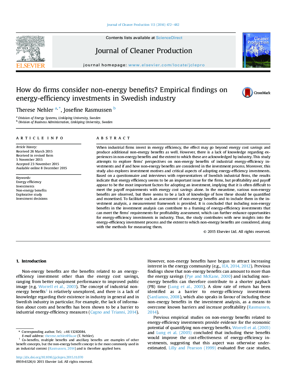 How do firms consider non-energy benefits? Empirical findings on energy-efficiency investments in Swedish industry