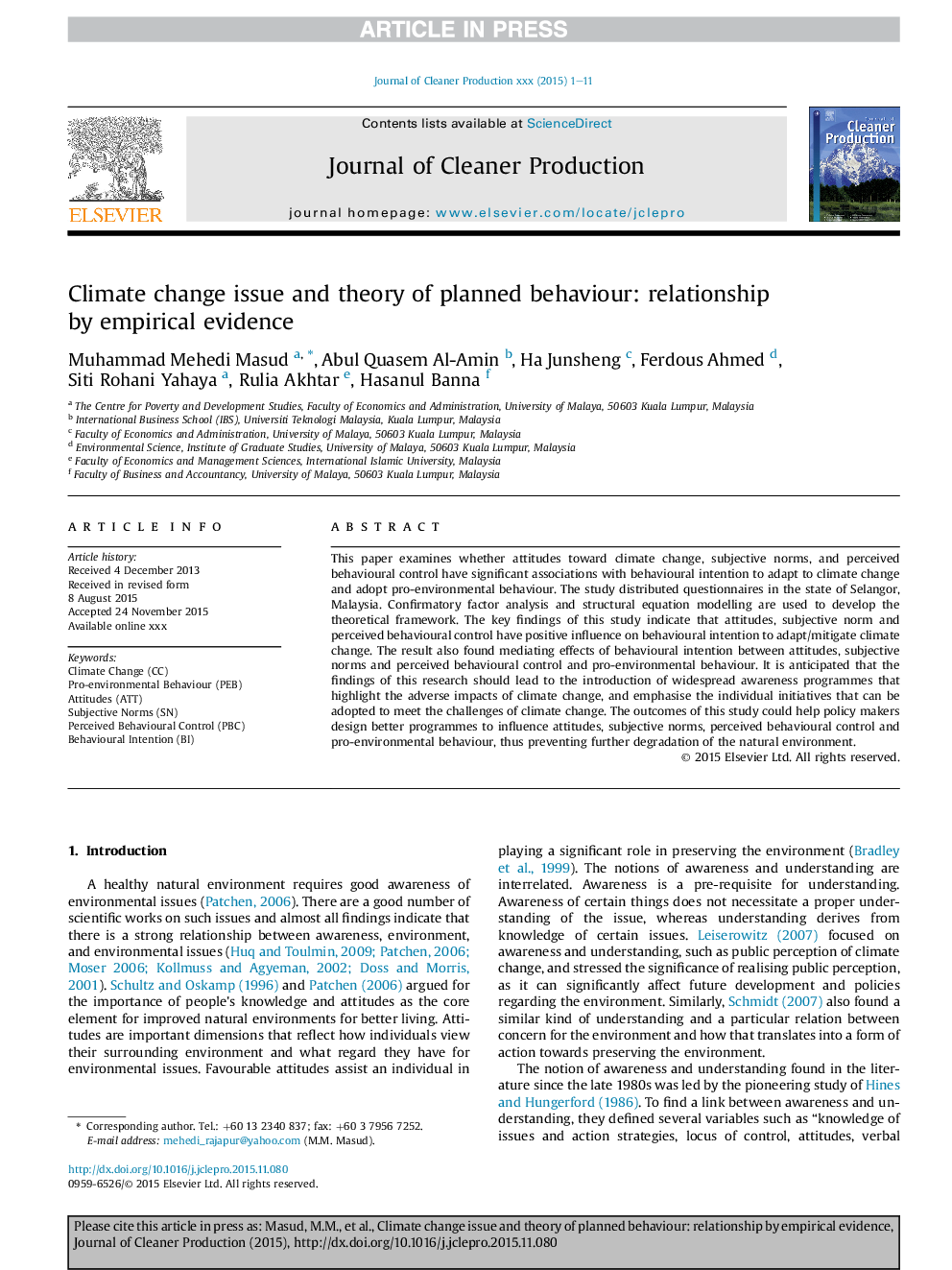 Climate change issue and theory of planned behaviour: relationship by empirical evidence