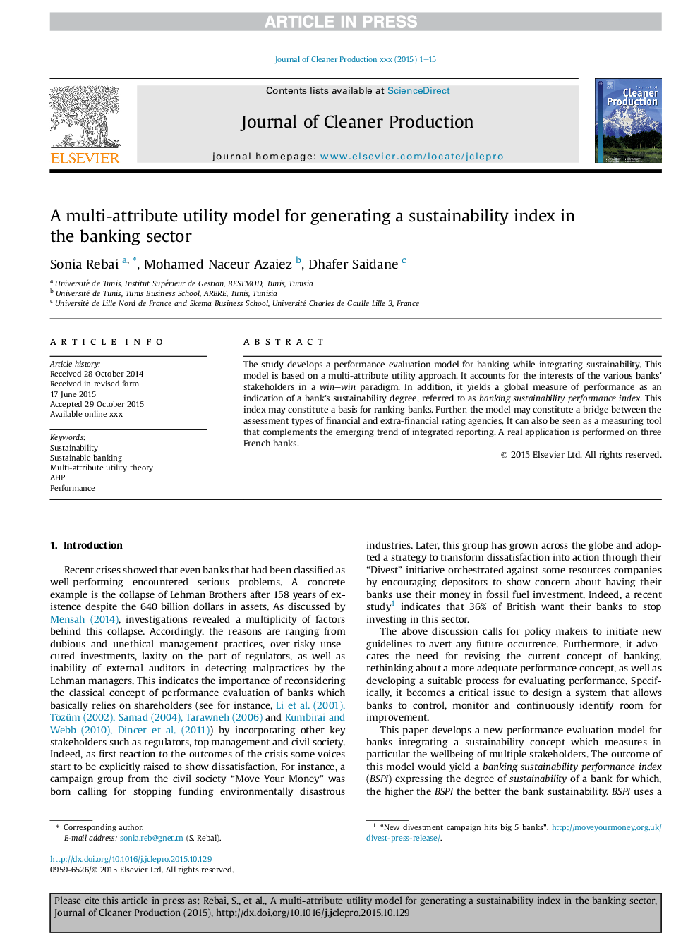 A multi-attribute utility model for generating a sustainability index in the banking sector