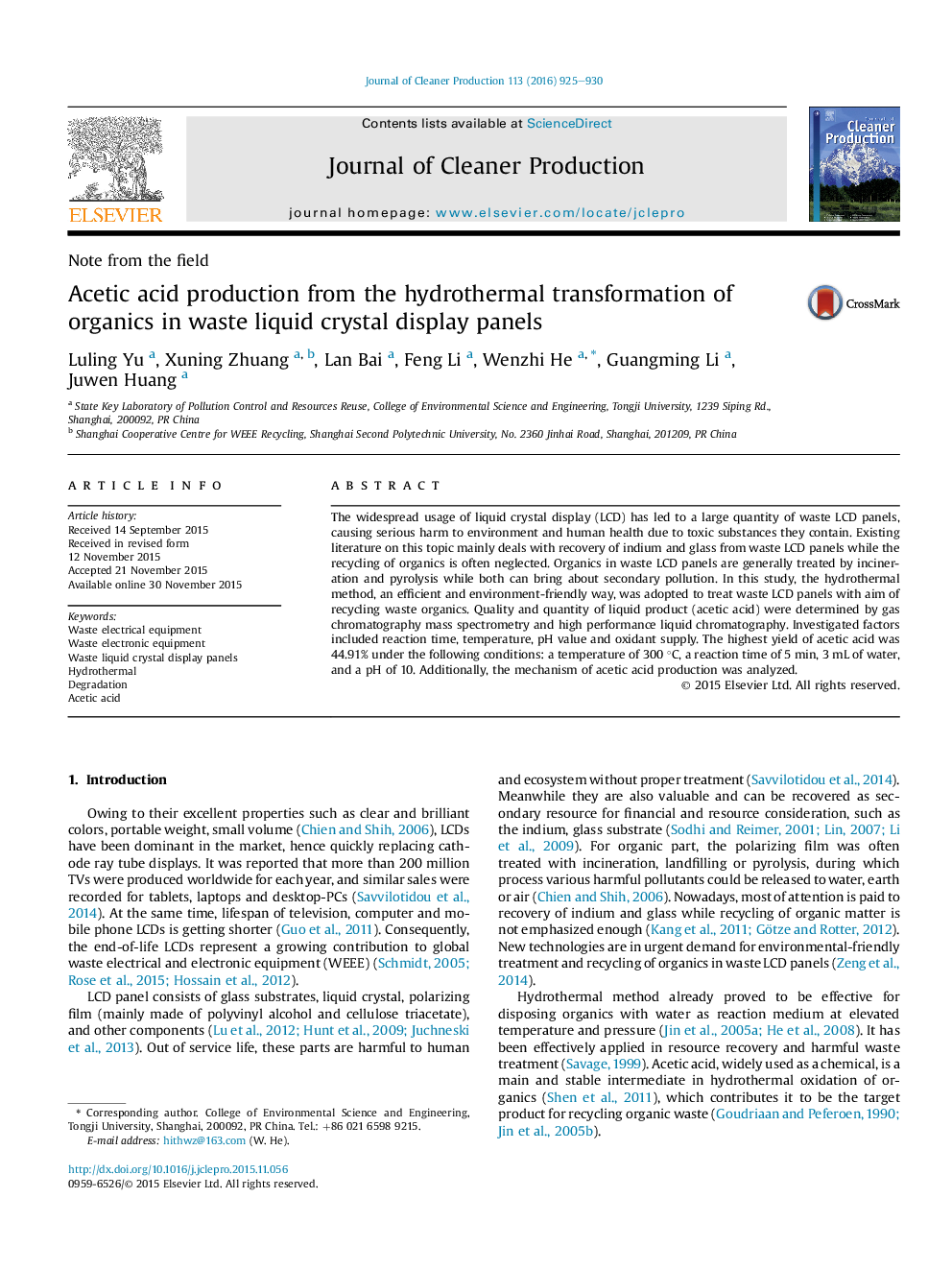 Acetic acid production from the hydrothermal transformation of organics in waste liquid crystal display panels