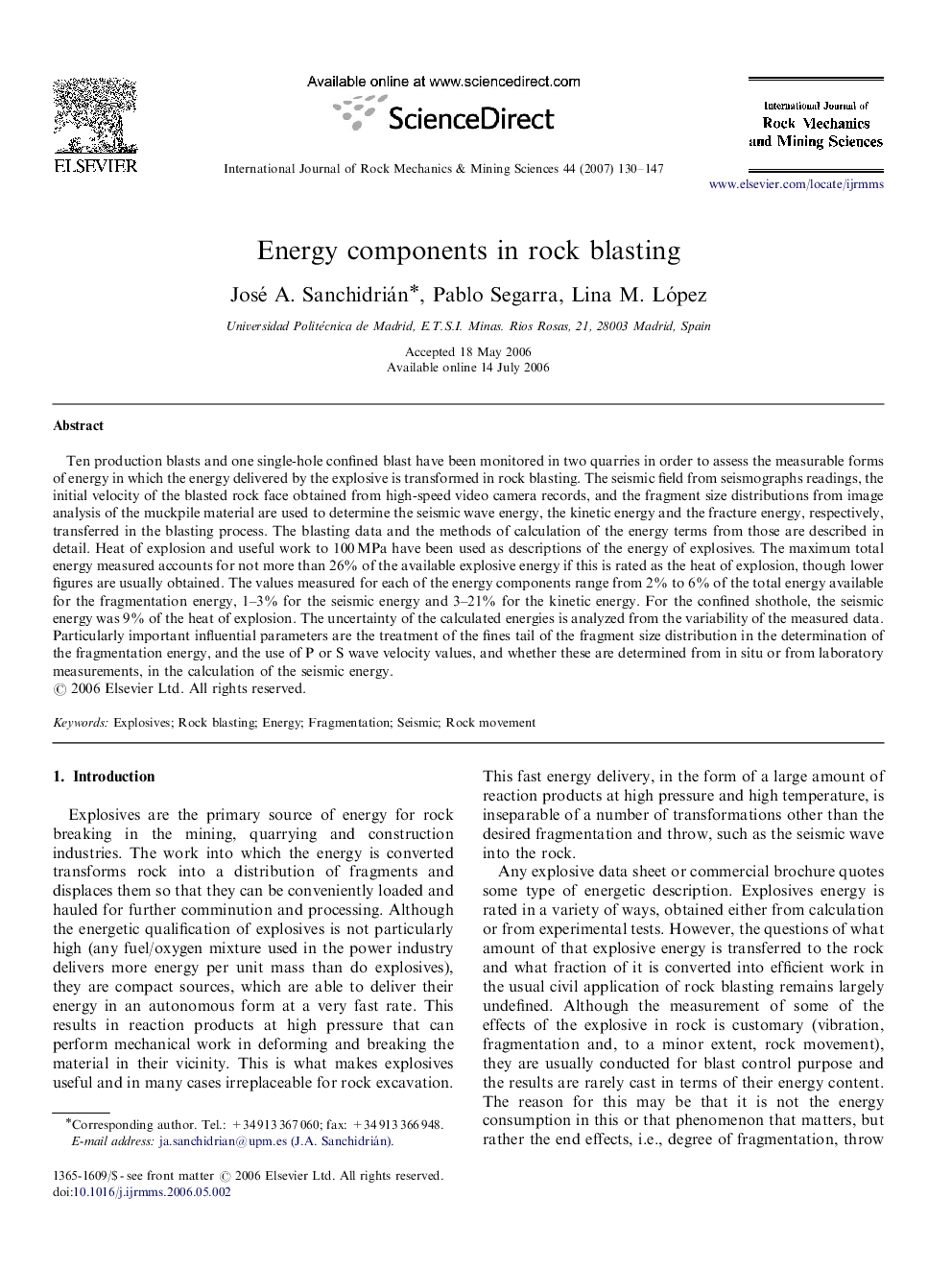 Energy components in rock blasting