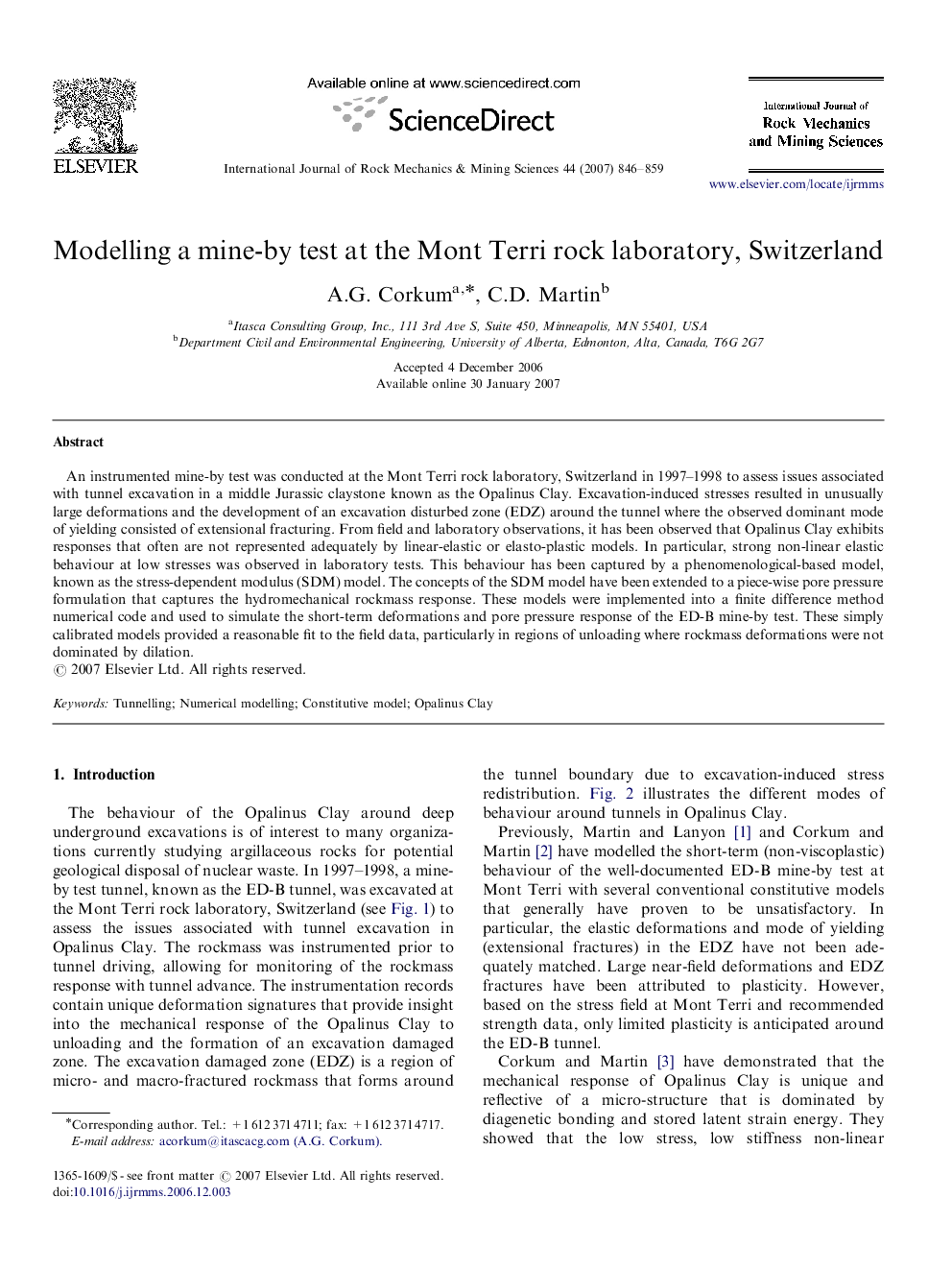 عکس صفحه اول مقاله: Modelling a mine-by test at the Mont Terri rock laboratory, Switzerland Modelling a mine-by test at the Mont Terri rock laboratory, Switzerland