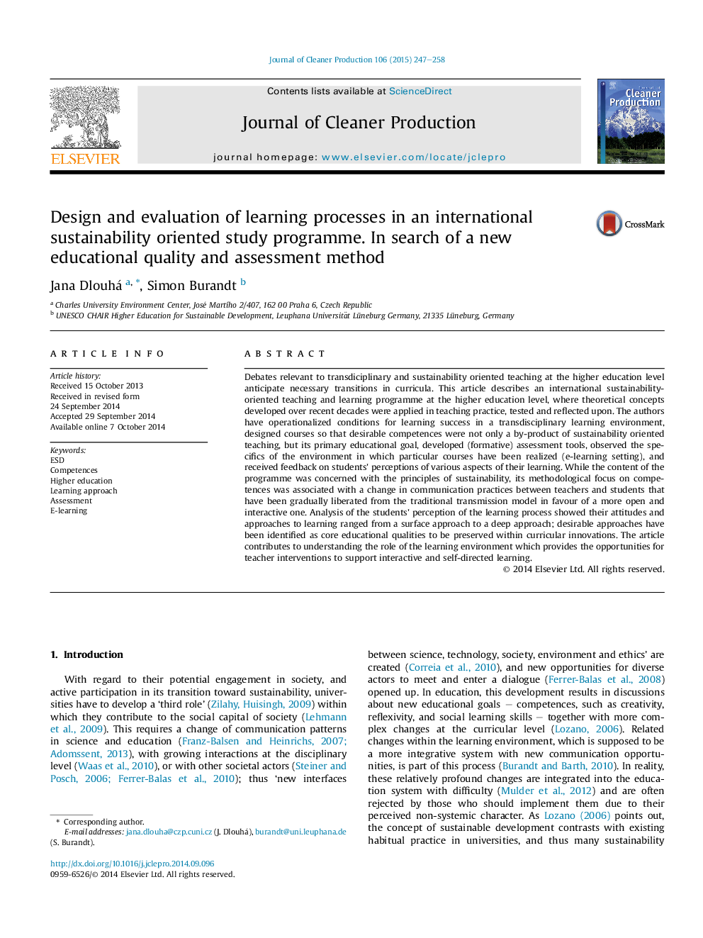 Design and evaluation of learning processes in an international sustainability oriented study programme. In search of a new educational quality and assessment method