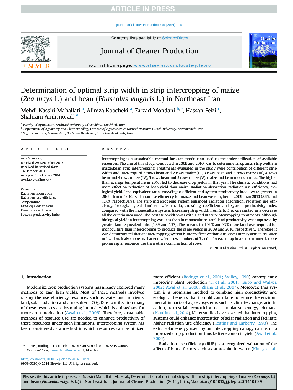 Determination of optimal strip width in strip intercropping of maize (Zea mays L.) and bean (Phaseolus vulgaris L.) in Northeast Iran