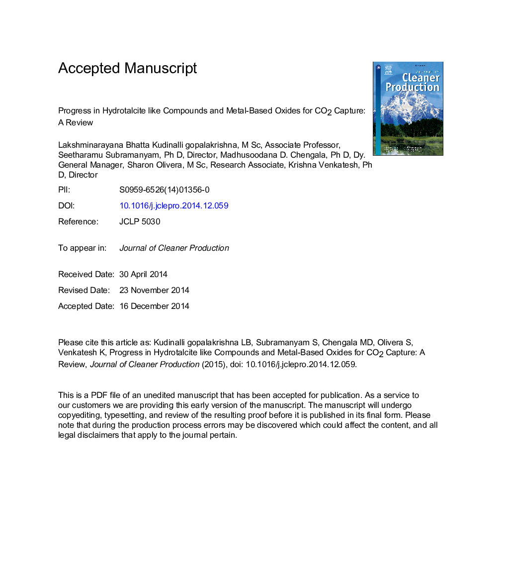 Progress in hydrotalcite like compounds and metal-based oxides for CO2 capture: a review