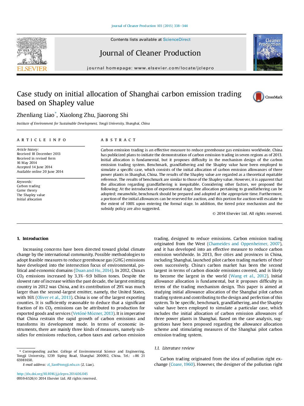 Case study on initial allocation of Shanghai carbon emission trading based on Shapley value