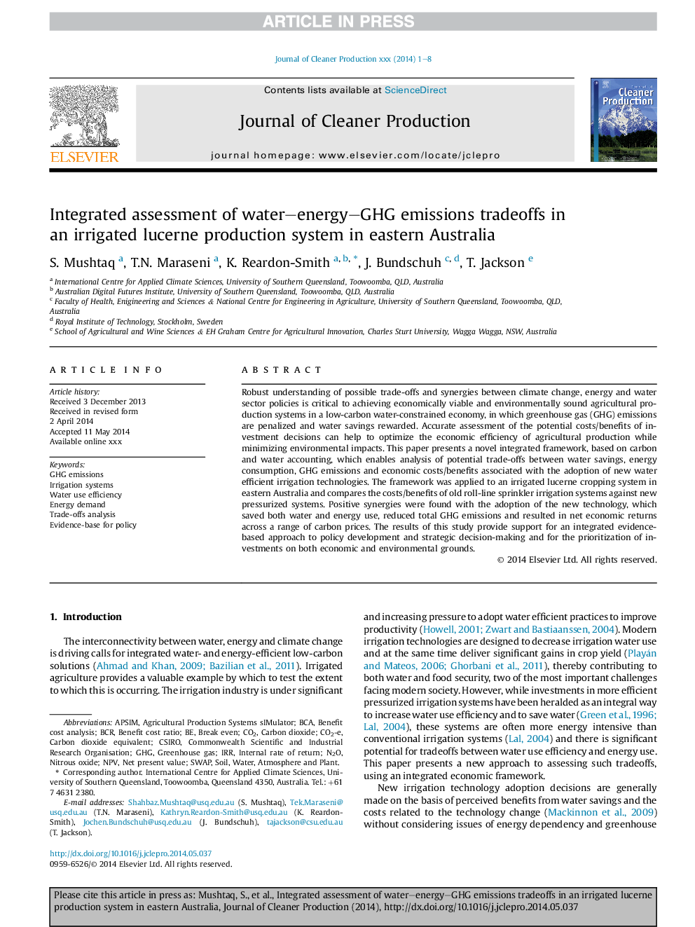 Integrated assessment of water-energy-GHG emissions tradeoffs in an irrigated lucerne production system in eastern Australia