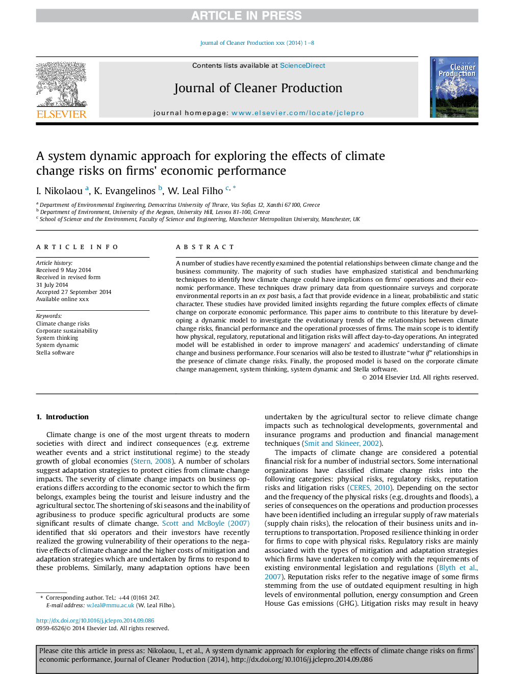 A system dynamic approach for exploring the effects of climate change risks on firms' economic performance