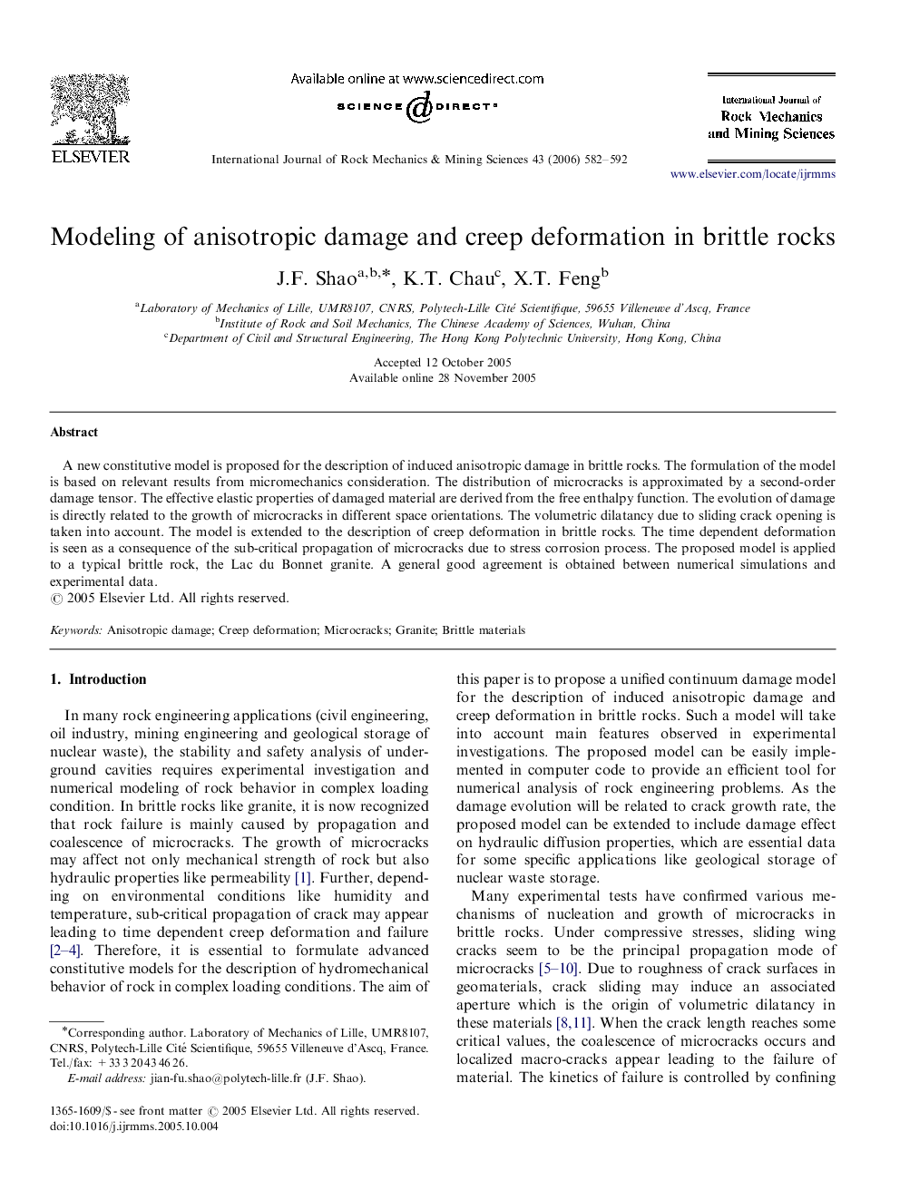 Modeling of anisotropic damage and creep deformation in brittle rocks