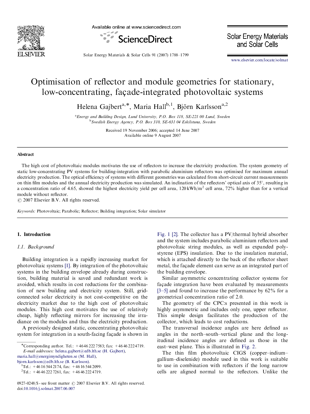 Optimisation of reflector and module geometries for stationary, low-concentrating, façade-integrated photovoltaic systems