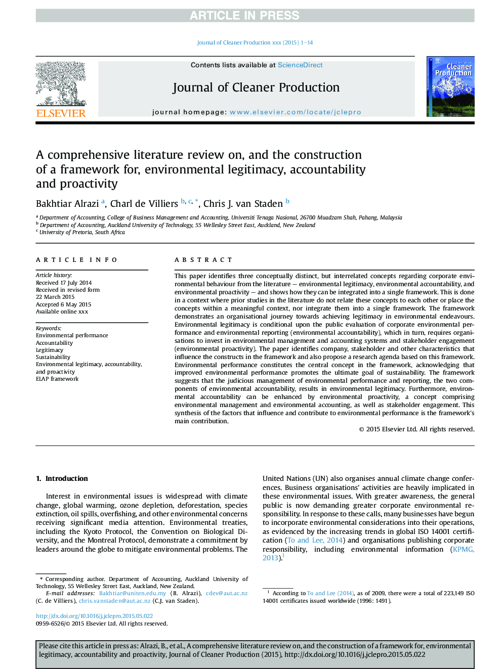 A comprehensive literature review on, and the construction ofÂ aÂ framework for, environmental legitimacy, accountability andÂ proactivity