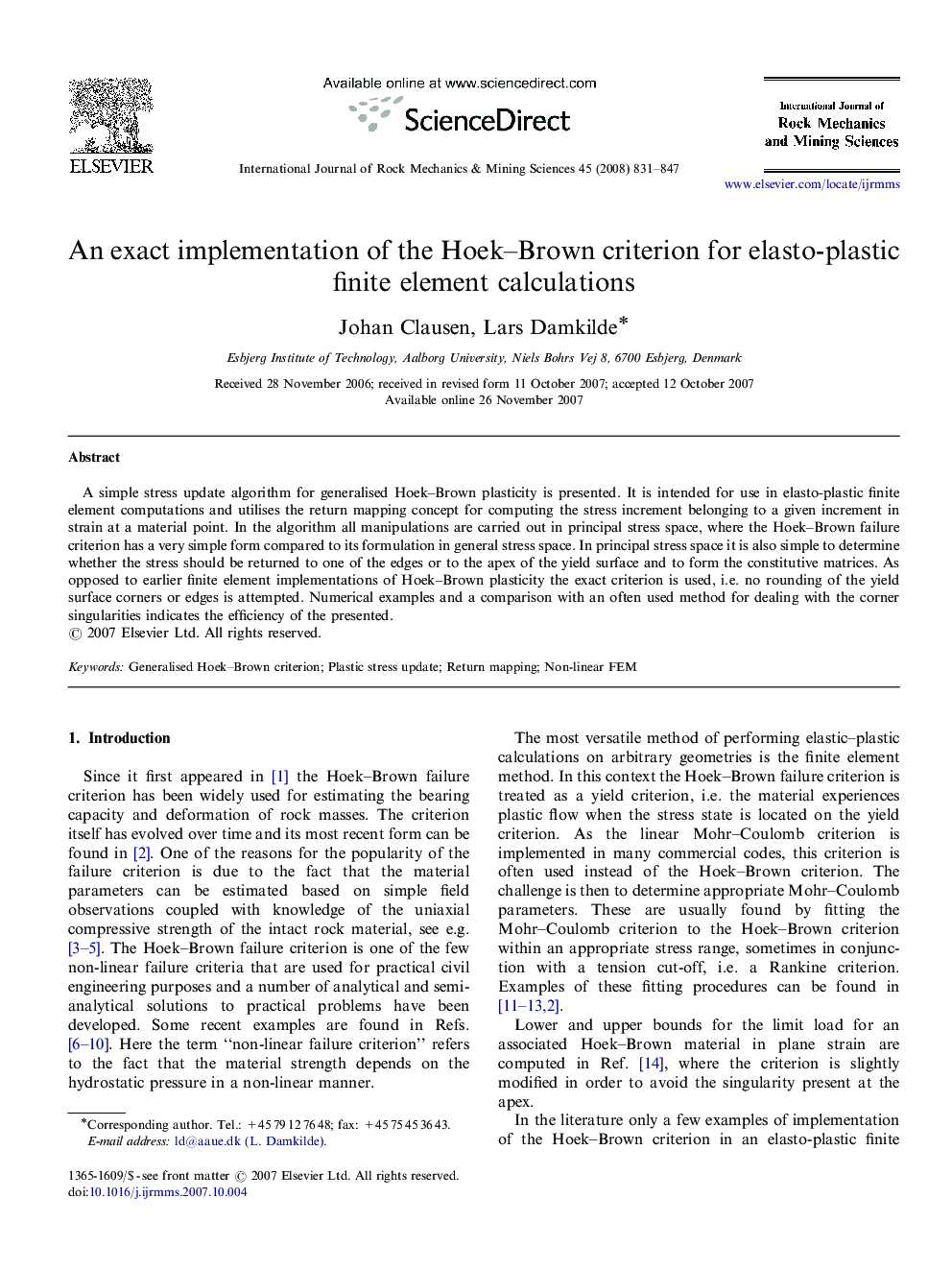 An exact implementation of the Hoek–Brown criterion for elasto-plastic finite element calculations