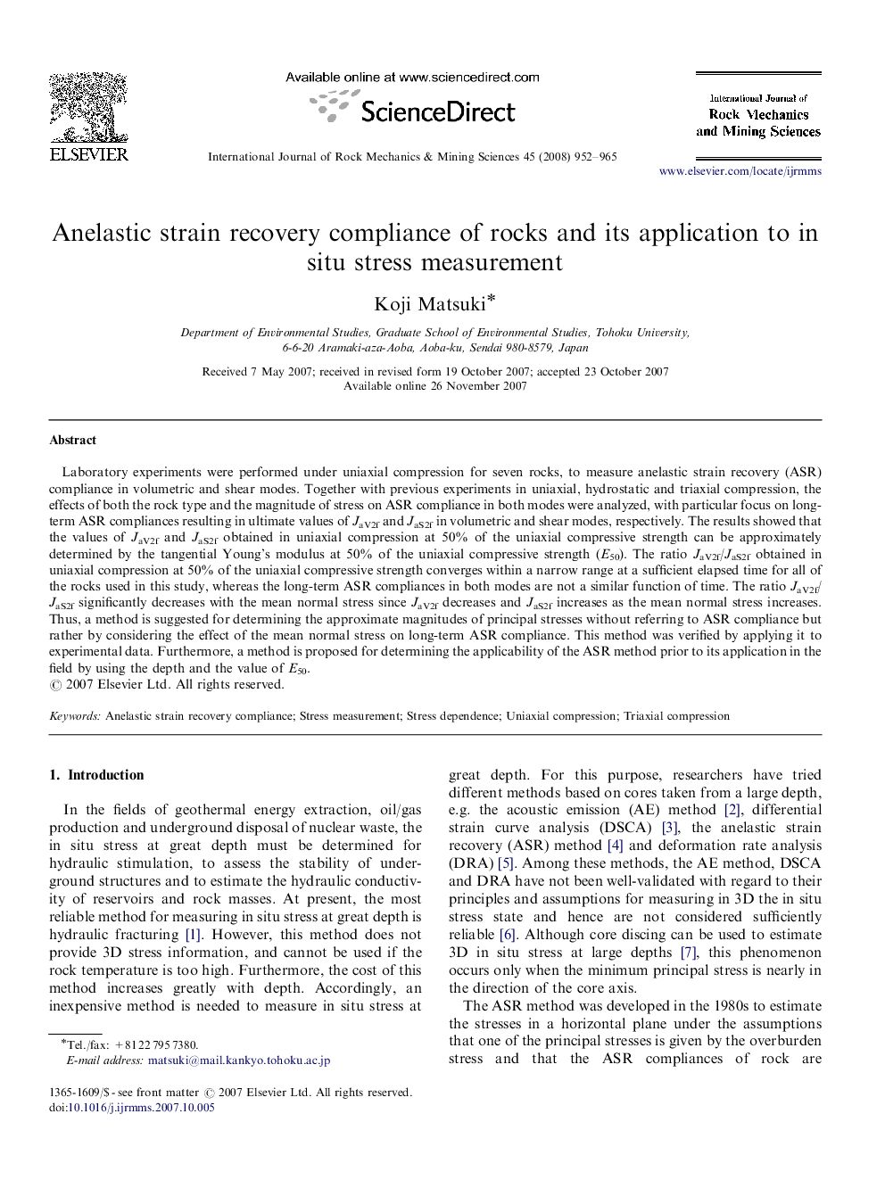 Anelastic strain recovery compliance of rocks and its application to in situ stress measurement