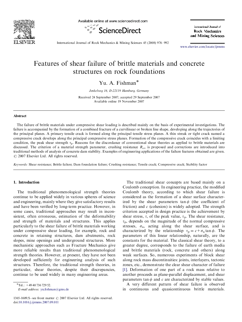 Features of shear failure of brittle materials and concrete structures on rock foundations