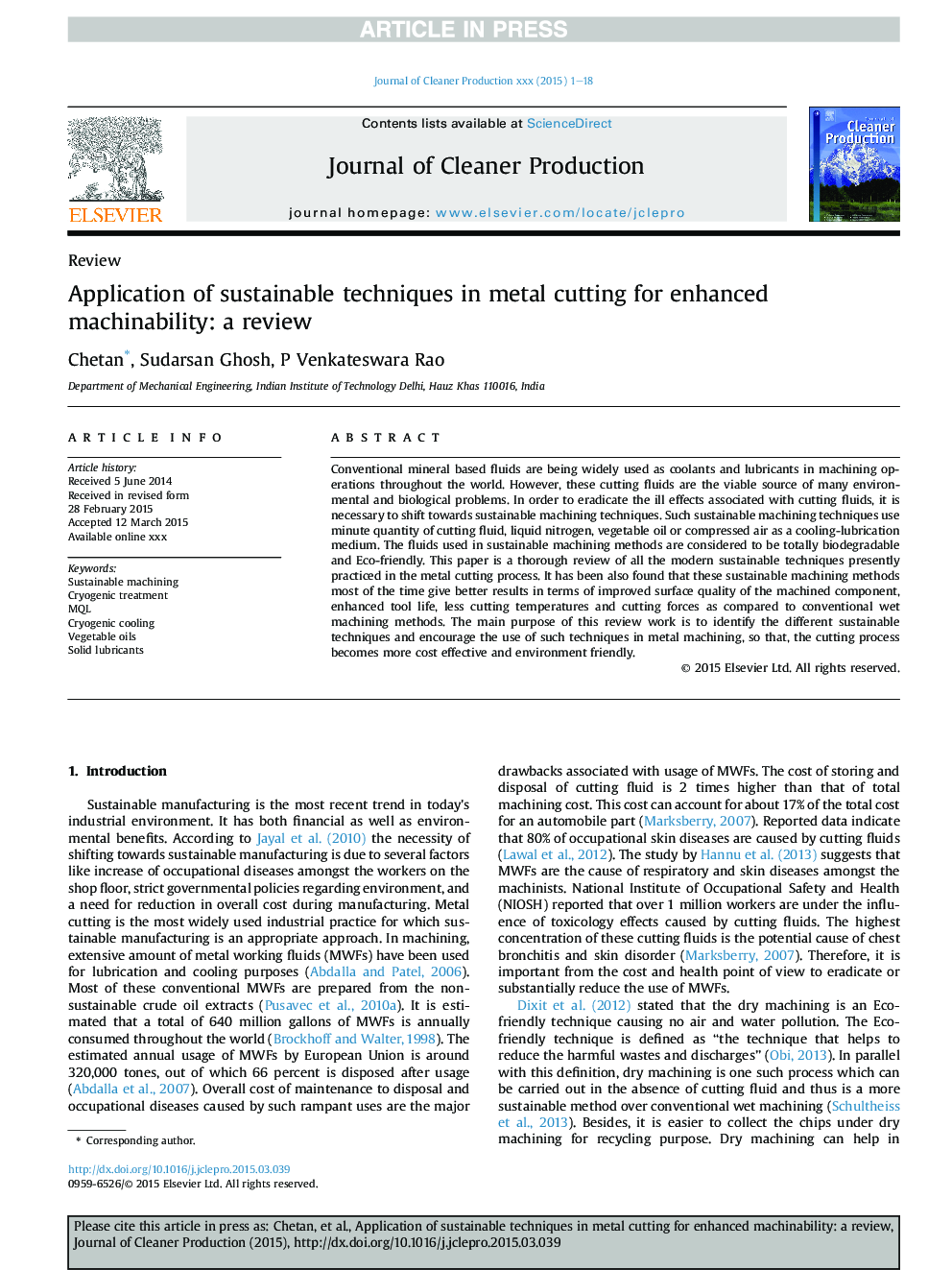 Application of sustainable techniques in metal cutting for enhanced machinability: a review