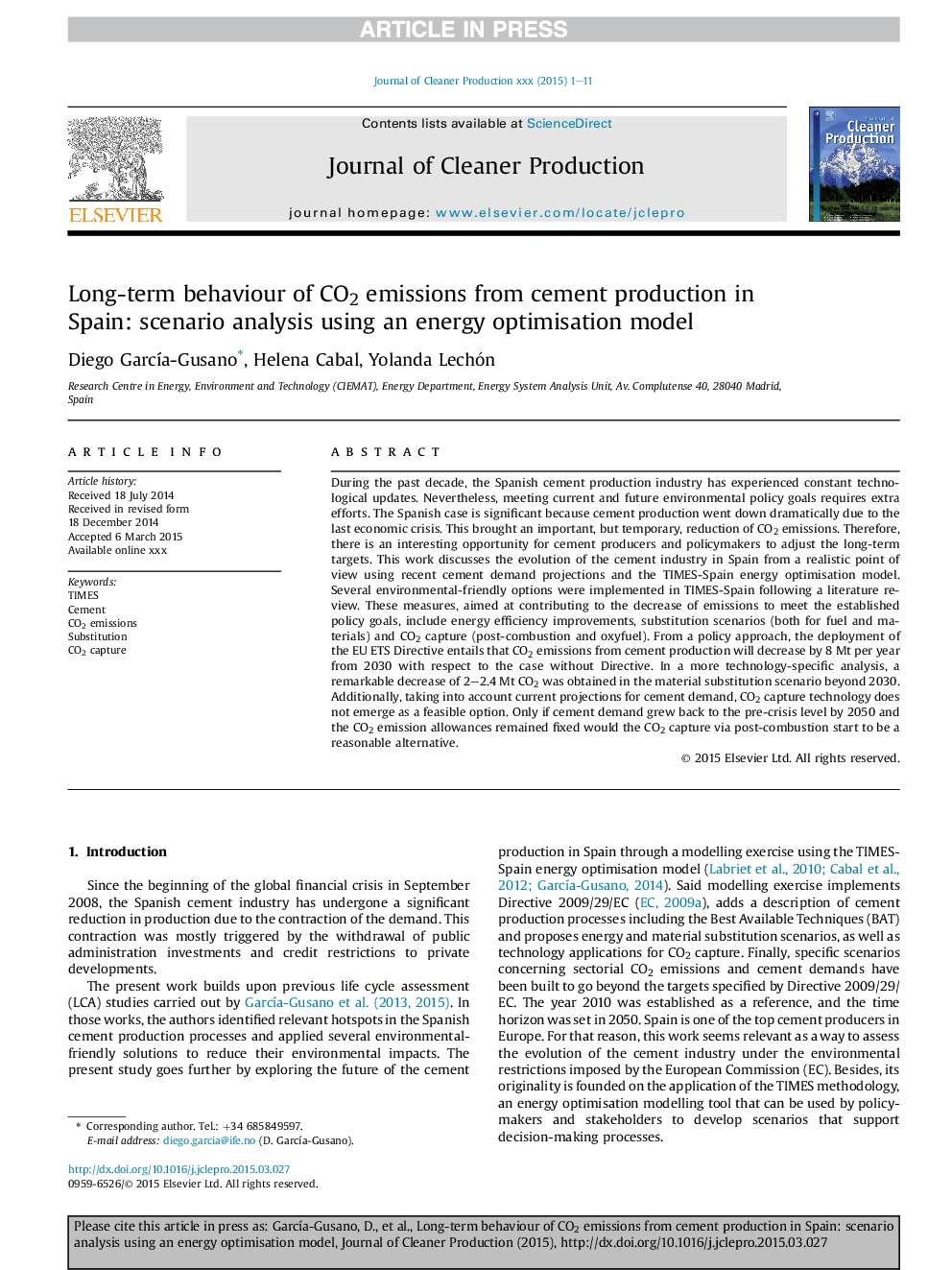 Long-term behaviour of CO2 emissions from cement production in Spain: scenario analysis using an energy optimisation model