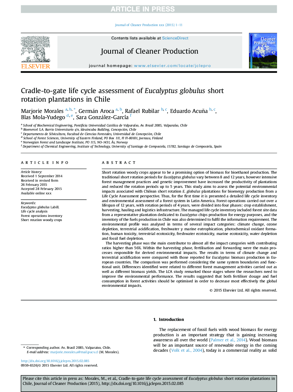 Cradle-to-gate life cycle assessment of Eucalyptus globulus short rotation plantations in Chile