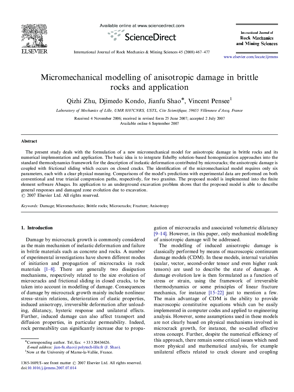 Micromechanical modelling of anisotropic damage in brittle rocks and application