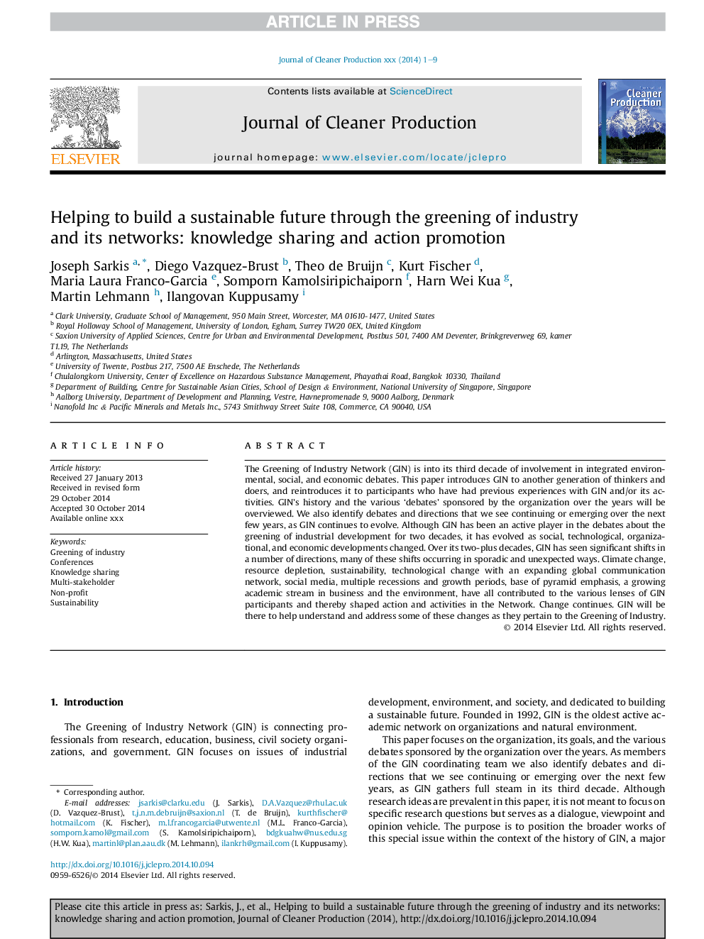 Helping to build a sustainable future through the greening of industry and its networks: knowledge sharing and action promotion