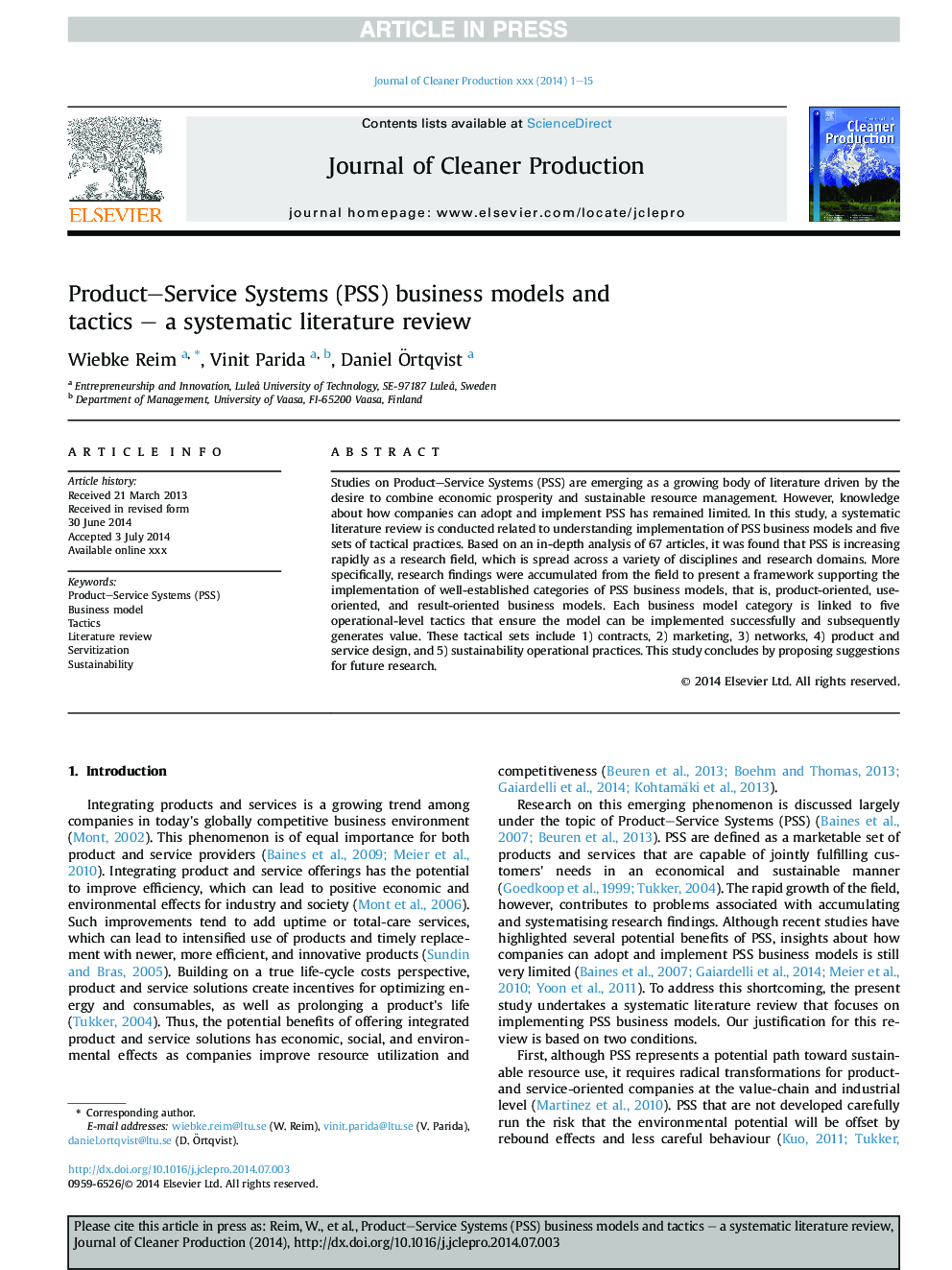 Product-Service Systems (PSS) business models and tactics - a systematic literature review