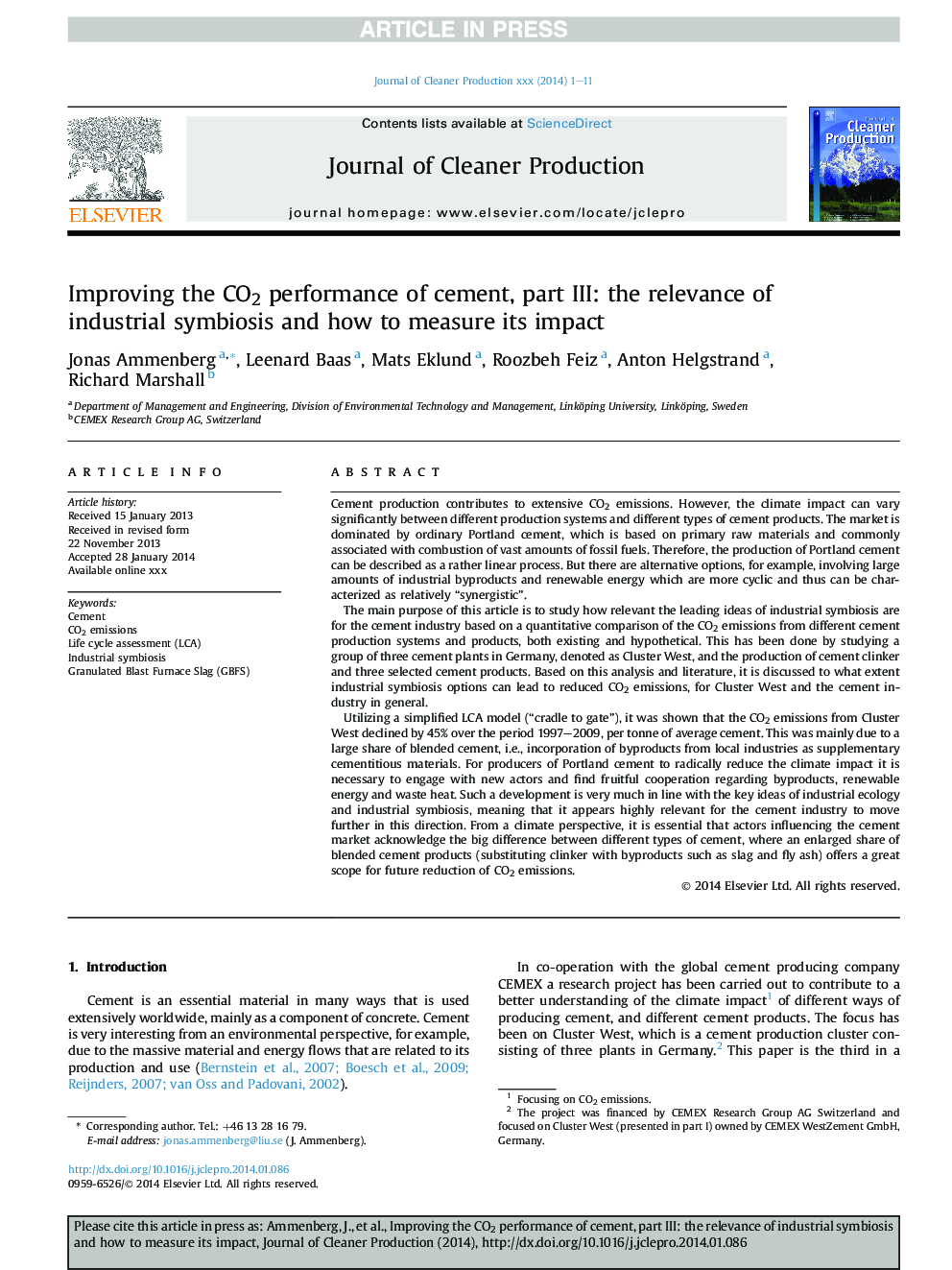 عکس صفحه اول مقاله: Improving the CO2 performance of cement, part III: the relevance of industrial symbiosis and how to measure its impact Improving the CO2 performance of cement, part III: the relevance of industrial symbiosis and how to measure its impact