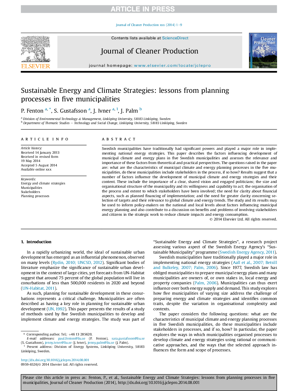 Sustainable Energy and Climate Strategies: lessons from planning processes in five municipalities