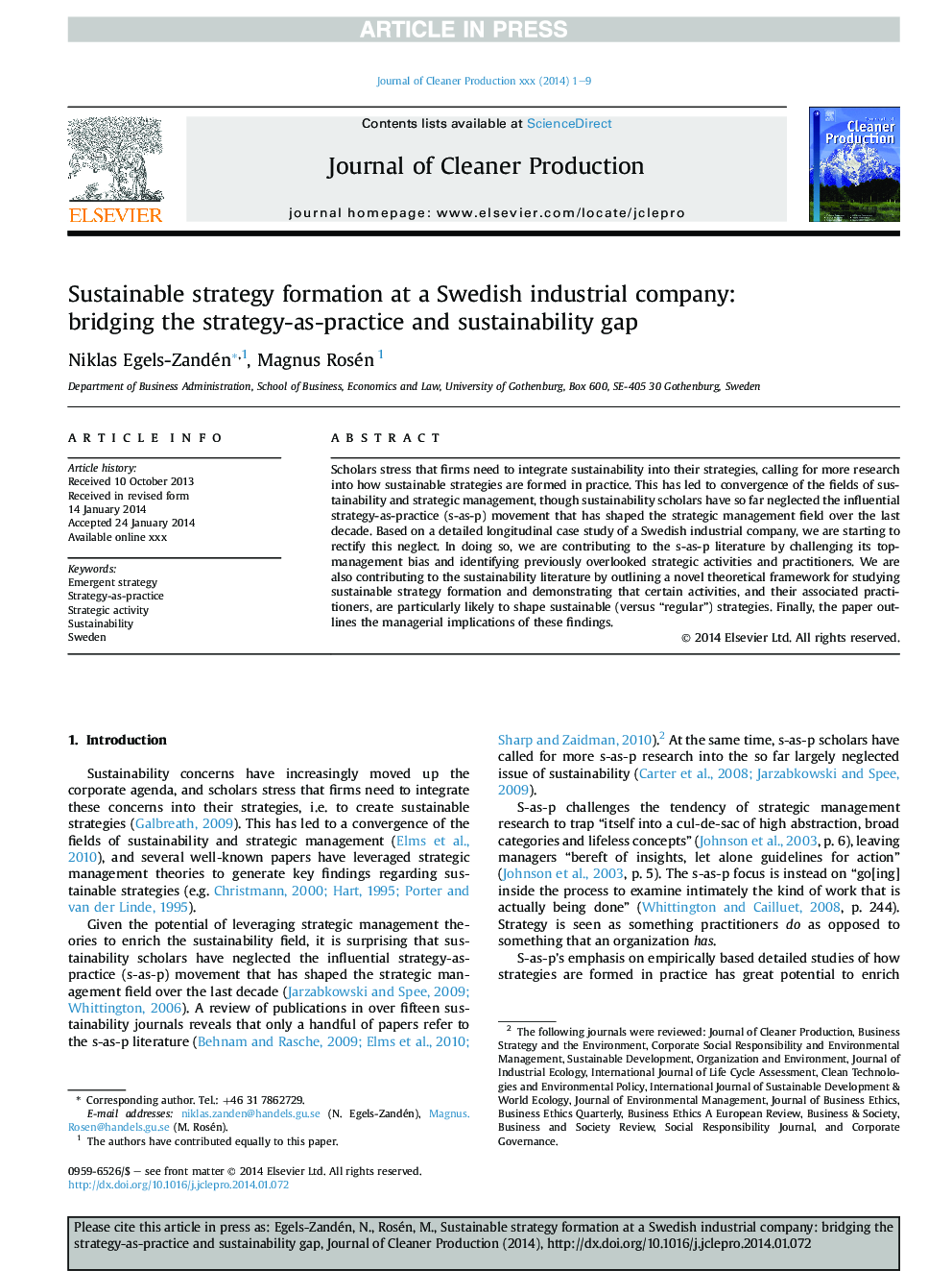 Sustainable strategy formation at a Swedish industrial company: bridging the strategy-as-practice and sustainability gap