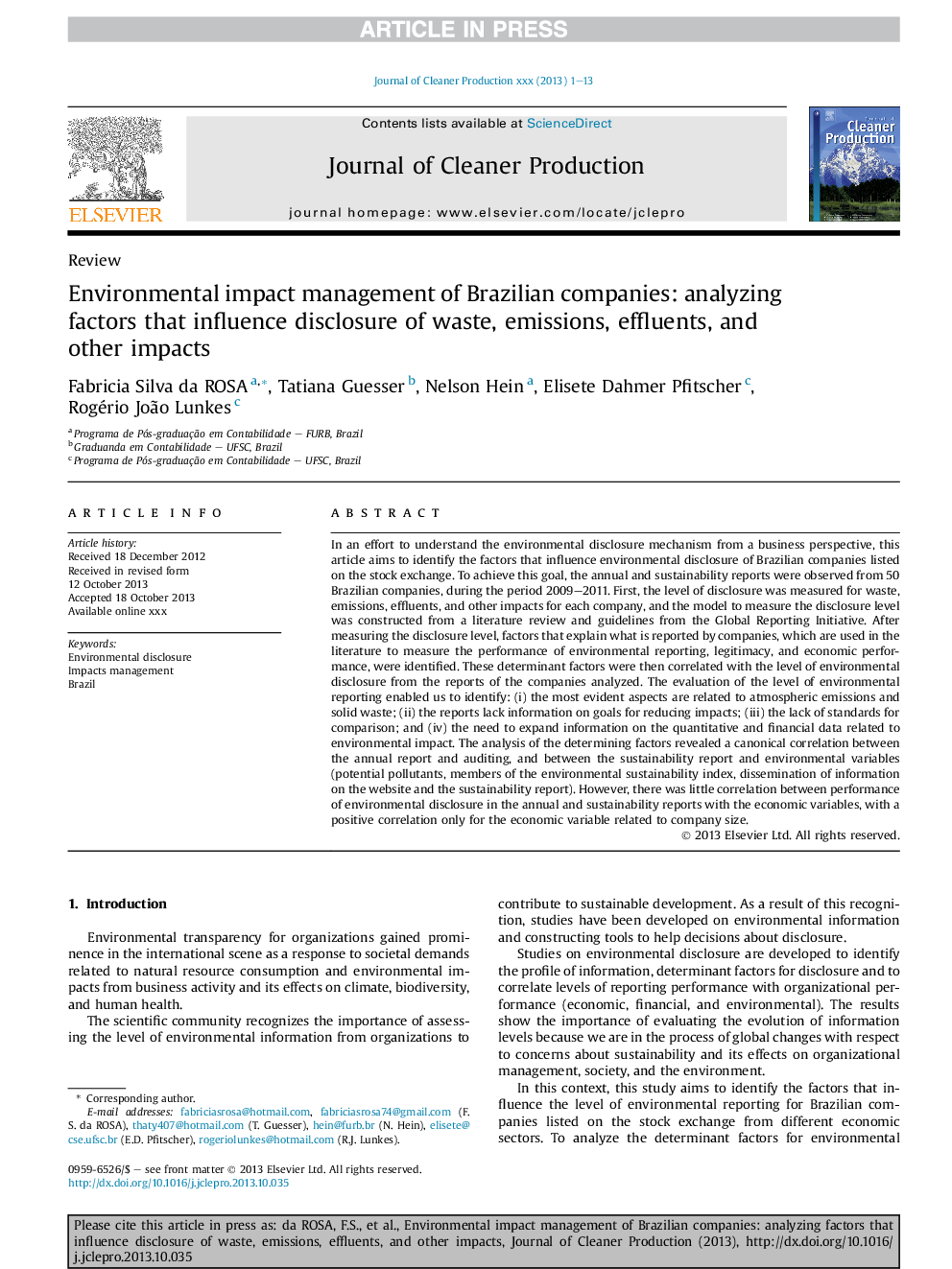 Environmental impact management of Brazilian companies: analyzing factors that influence disclosure of waste, emissions, effluents, and other impacts