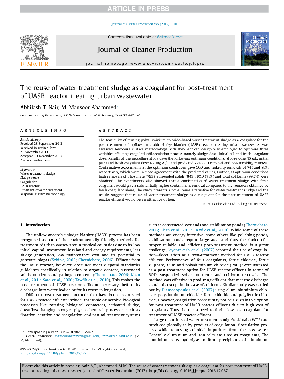 The reuse of water treatment sludge as a coagulant for post-treatment of UASB reactor treating urban wastewater