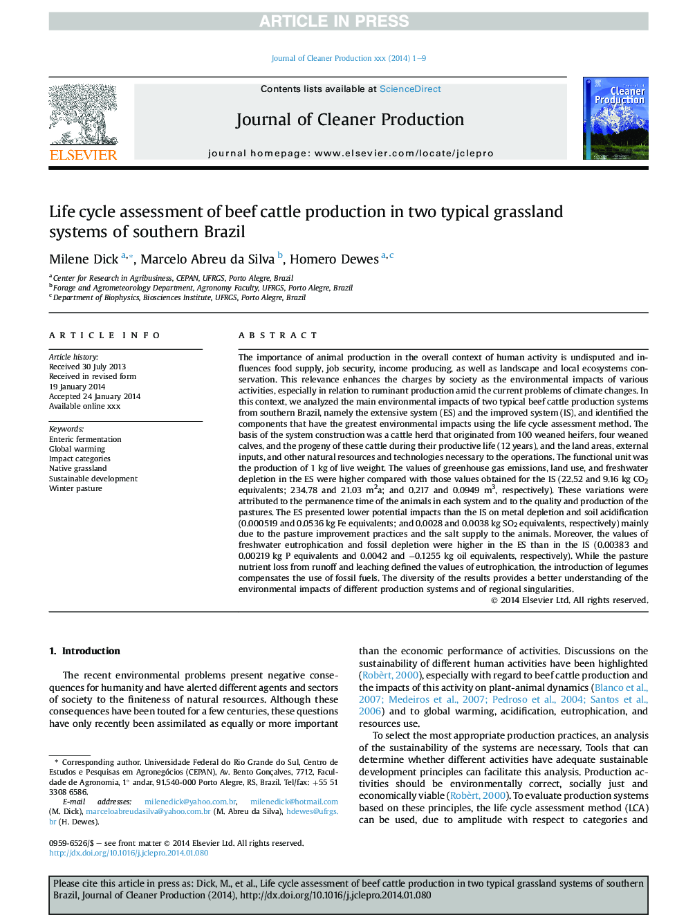 Life cycle assessment of beef cattle production in two typical grassland systems of southern Brazil