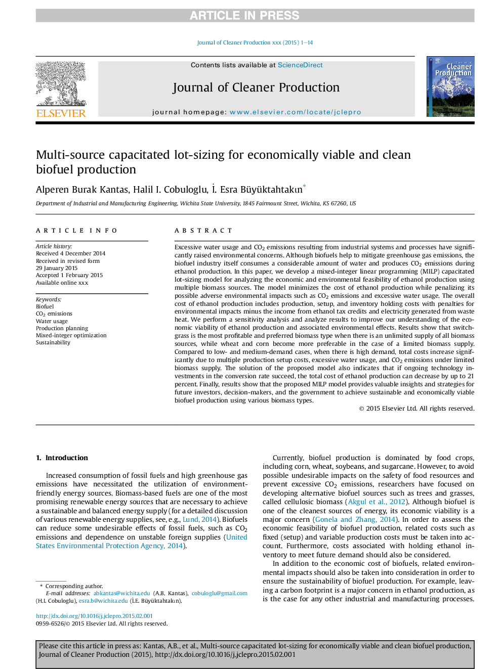 Multi-source capacitated lot-sizing for economically viable and clean biofuel production