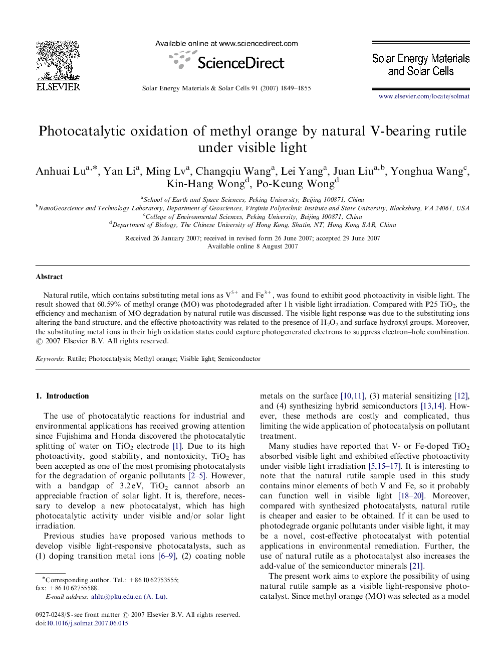 Photocatalytic oxidation of methyl orange by natural V-bearing rutile under visible light