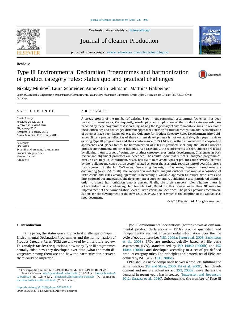 Type III Environmental Declaration Programmes and harmonization ofÂ product category rules: status quo and practical challenges