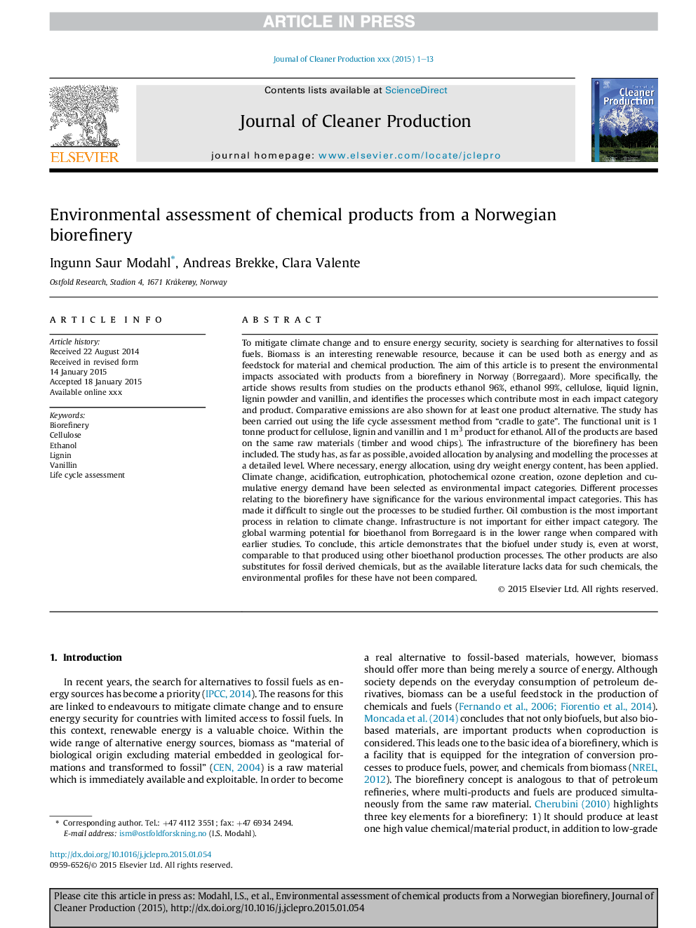 Environmental assessment of chemical products from a Norwegian biorefinery