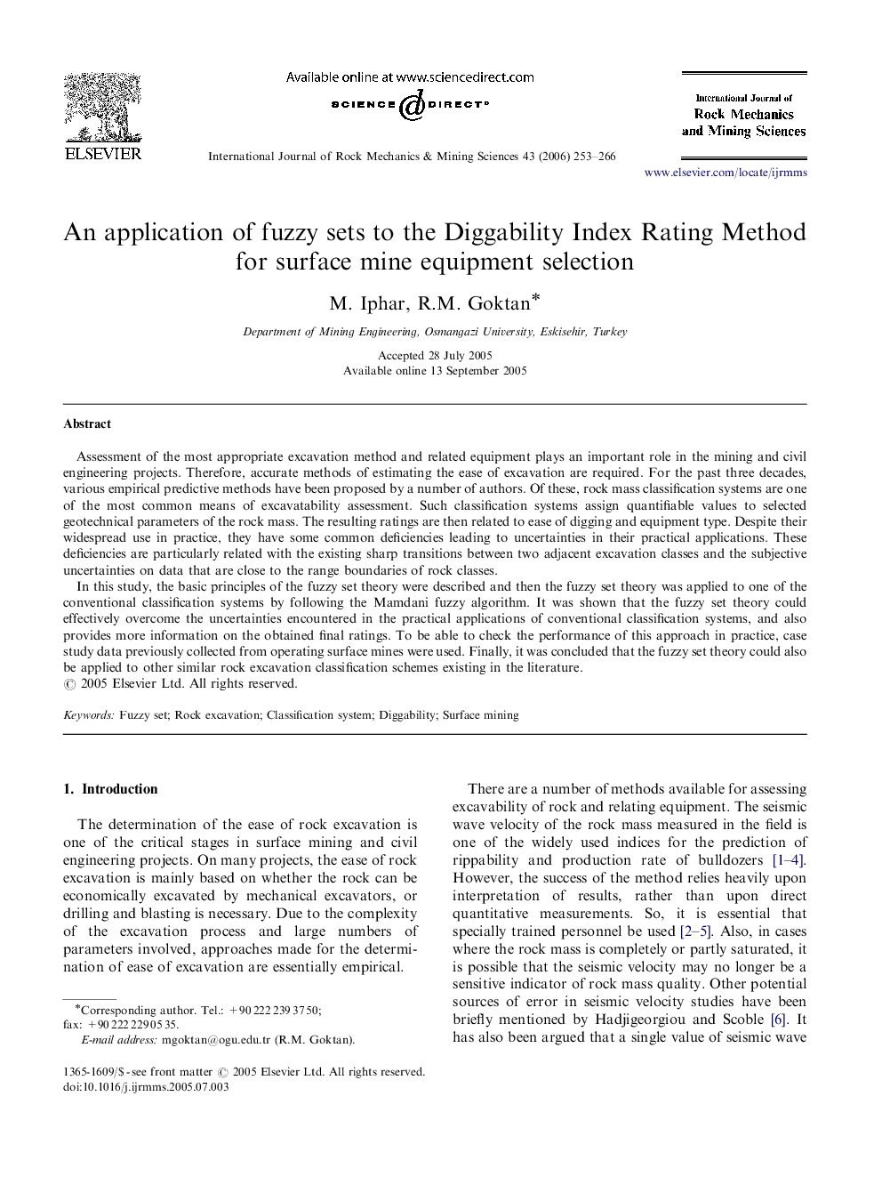 An application of fuzzy sets to the Diggability Index Rating Method for surface mine equipment selection