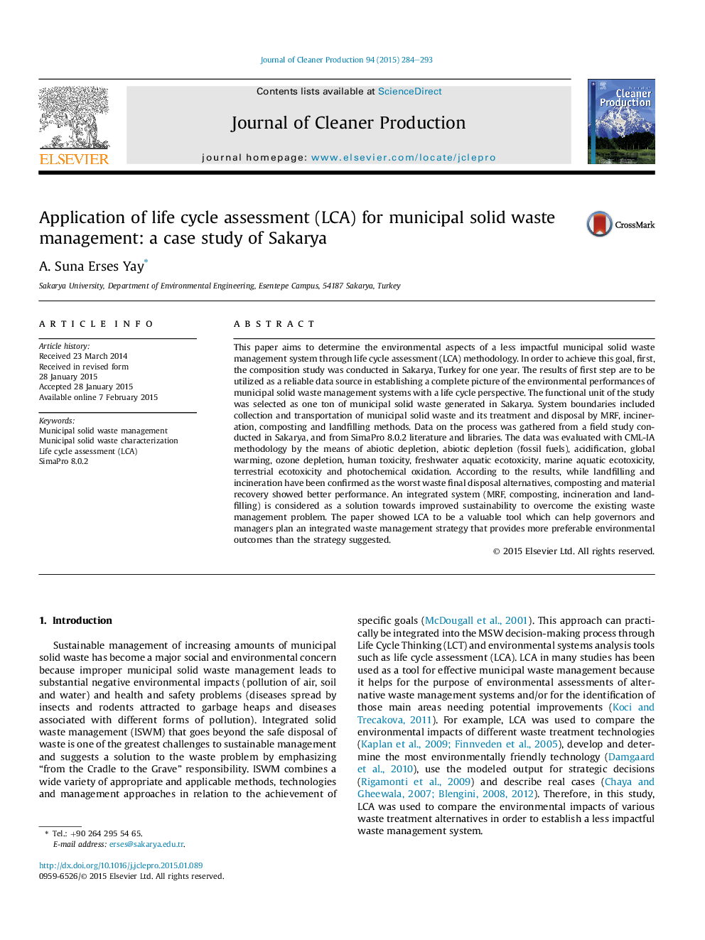 Application of life cycle assessment (LCA) for municipal solid waste management: a case study of Sakarya