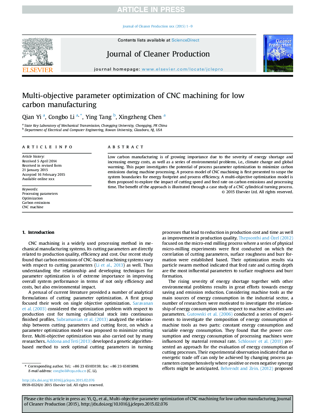 Multi-objective parameter optimization of CNC machining for low carbon manufacturing