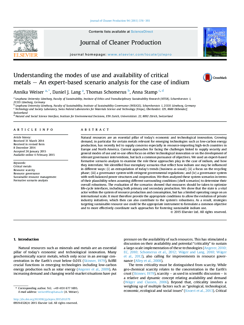 Understanding the modes of use and availability of critical metalsÂ -Â An expert-based scenario analysis for the case of indium