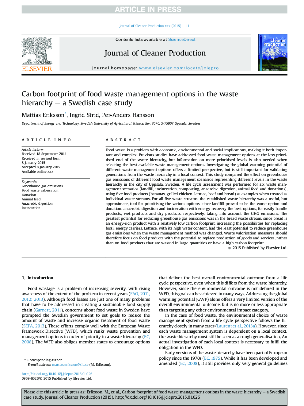 Carbon footprint of food waste management options in the waste hierarchy - a Swedish case study