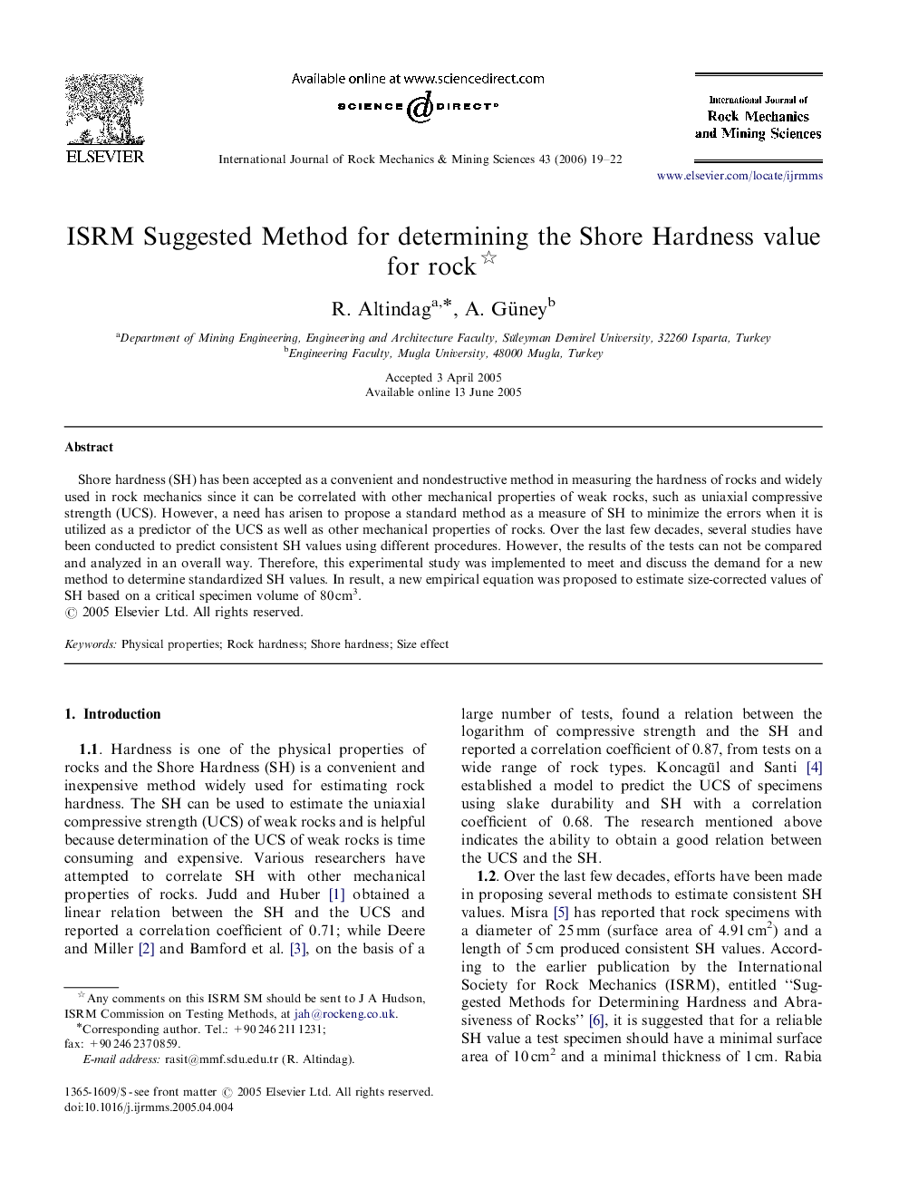 ISRM Suggested Method for determining the Shore Hardness value for rock 