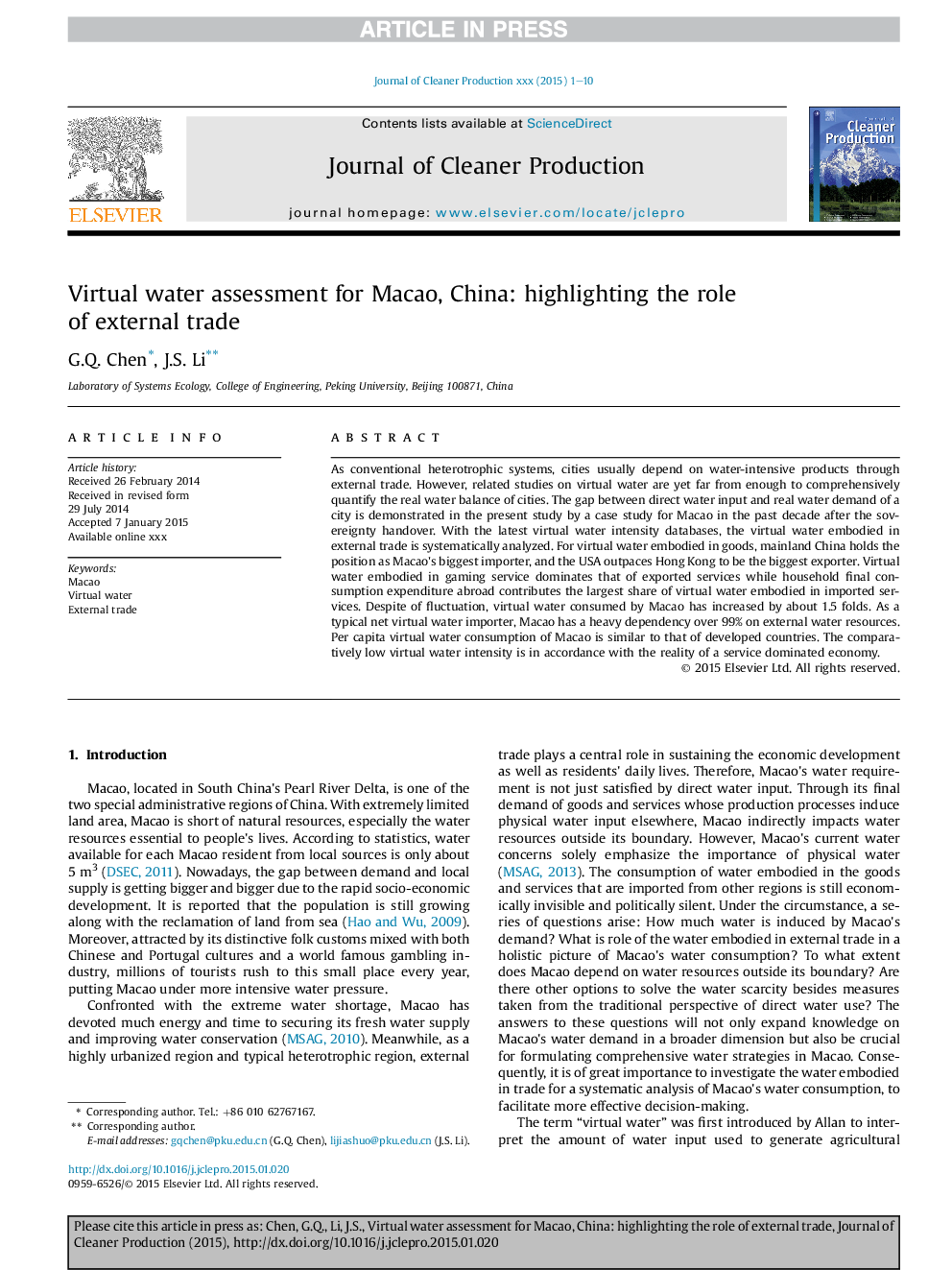 Virtual water assessment for Macao, China: highlighting the role ofÂ external trade