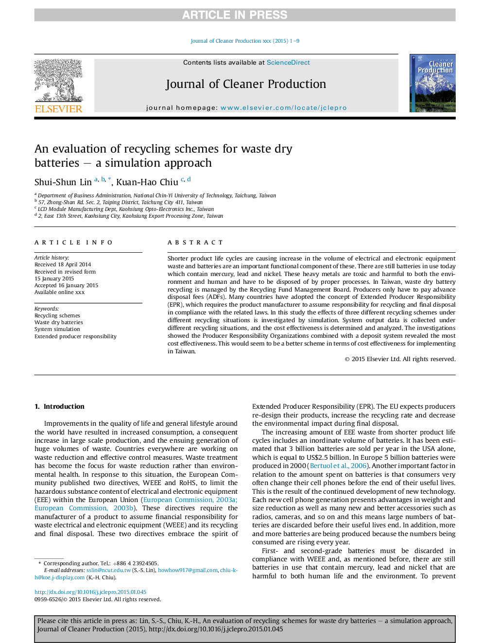 An evaluation of recycling schemes for waste dry batteries - a simulation approach