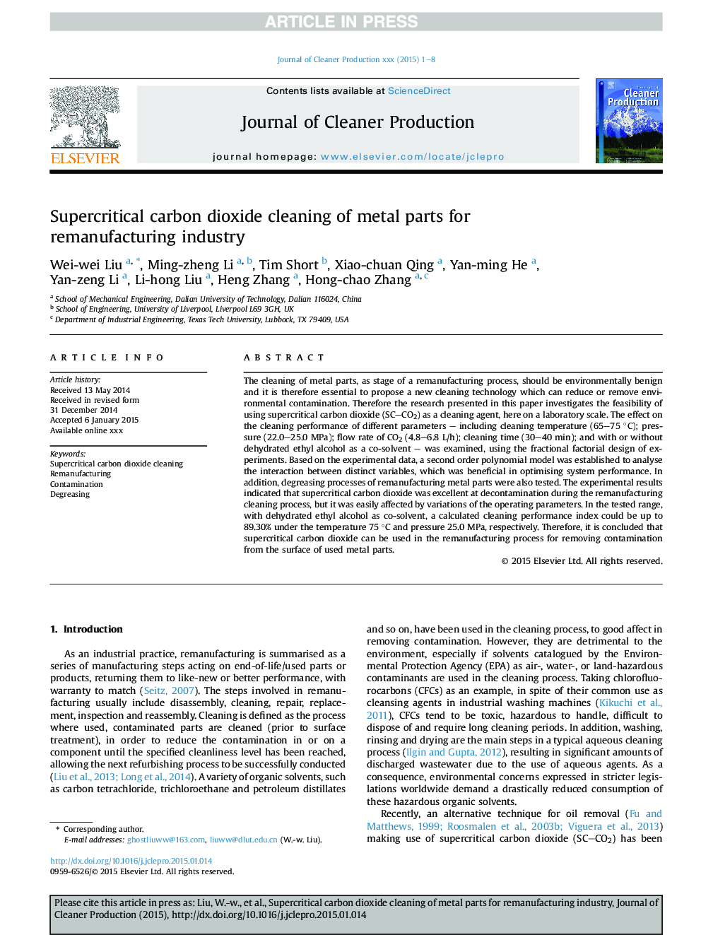 Supercritical carbon dioxide cleaning of metal parts for remanufacturing industry